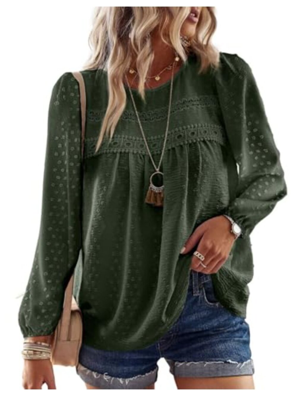 Lace Boho Long Sleeve Blouse Women Crew Neck